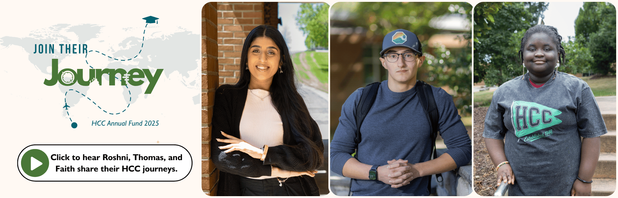 Text: Join their journey. Annual Fund 2025. Click to hear Thomas, Roshni, and Faith share their HCC journeys. Images: Three students, Roshni, Thomas, and Faith, posing on campus.