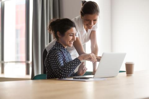 Female assisting collogue with a computer 